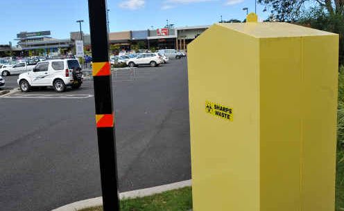 Michelle Egan wants this sharps disposal bin in Toormina moved after her son Max suffered a needle stick injury in the playground of a nearby preschool. Michelle Egan wants this sharps disposal bin in Toormina moved after her son Max suffered a needle stick injury in the playground of a nearby preschool.
